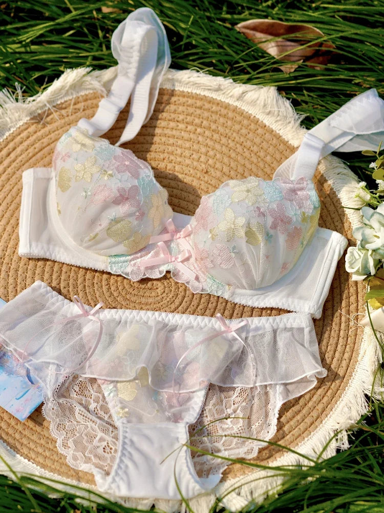 Thin cup floral embroidery large bra Underwear
