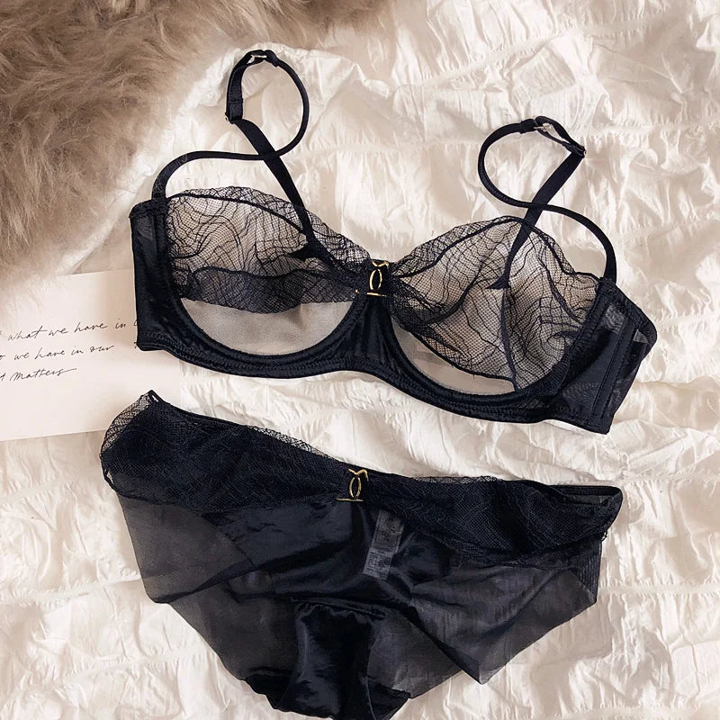 Transparent mesh lace half cup lingerie with underpants Set