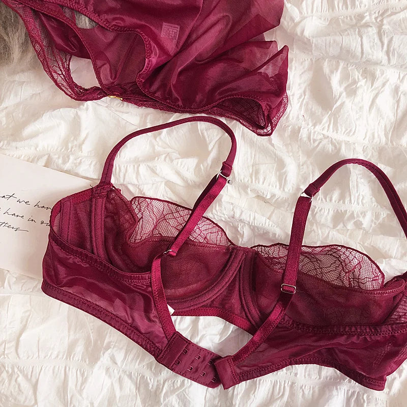 Transparent mesh lace half cup lingerie with underpants Set