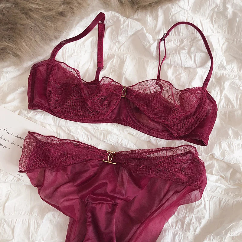 Transparent mesh lace half cup lingerie with underpants Set