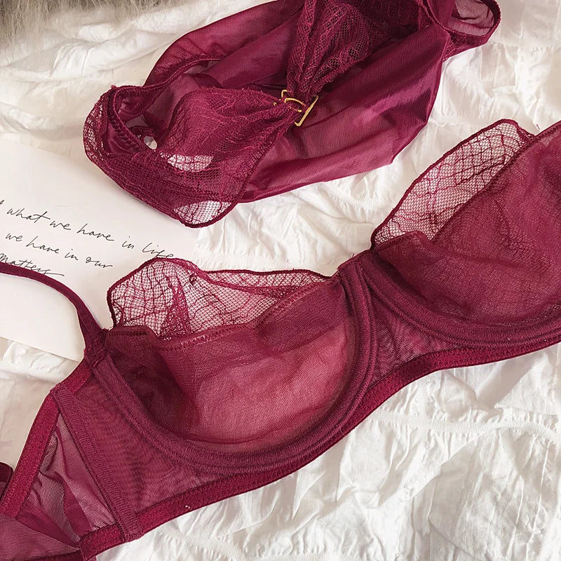 Transparent mesh lace half cup lingerie with underpants Set