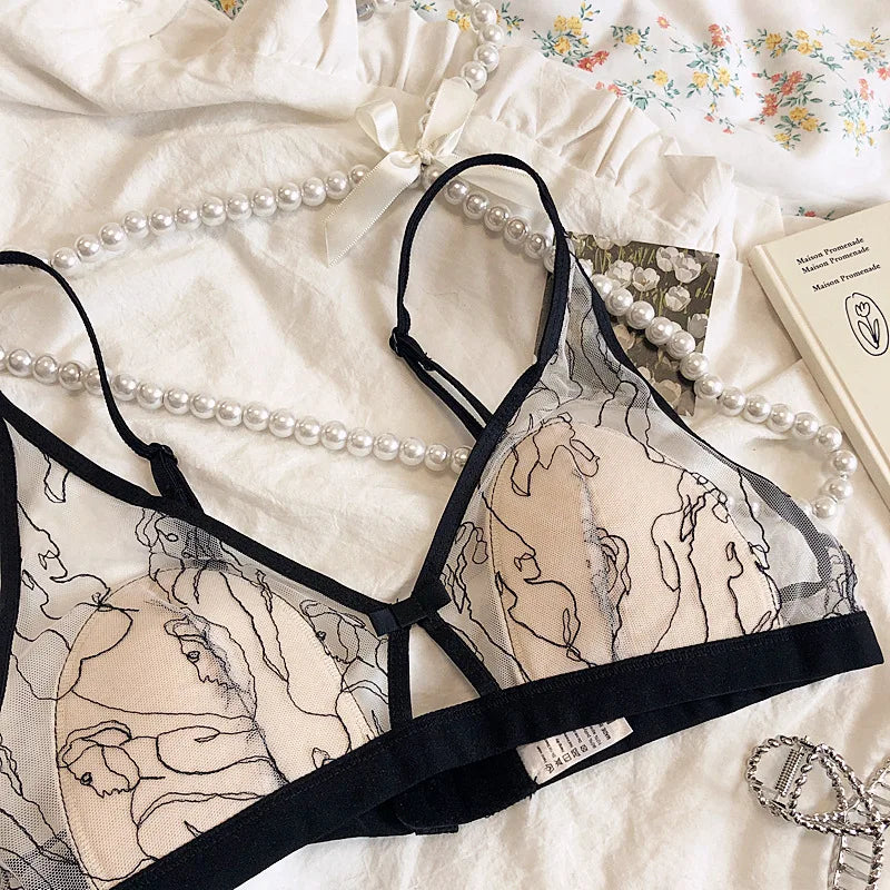 Triangle cup lingerie without steel ring thin section big chest showing small embroidery hollow sexy Underwear