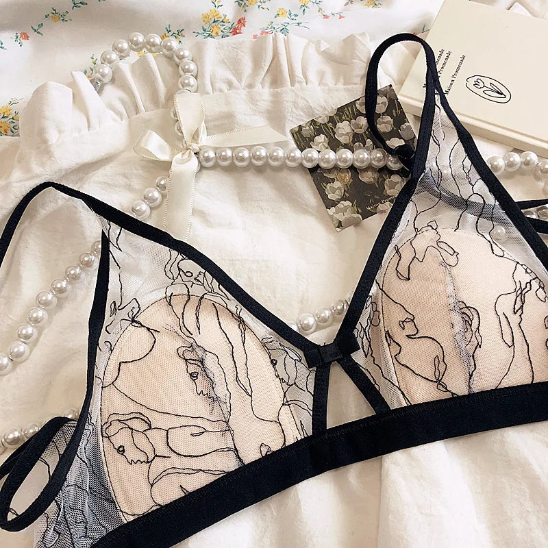 Triangle cup lingerie without steel ring thin section big chest showing small embroidery hollow sexy Underwear