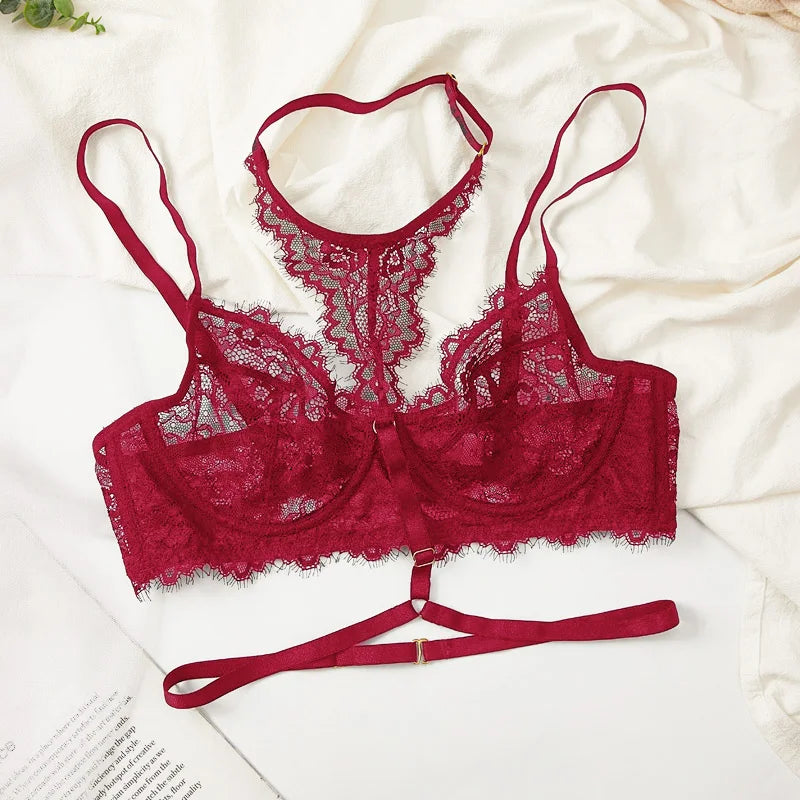 Ultra-thin red lingerie sponge-free underwired three pieces bra and briefs garter Set