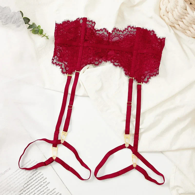 Ultra-thin red lingerie sponge-free underwired three pieces bra and briefs garter Set
