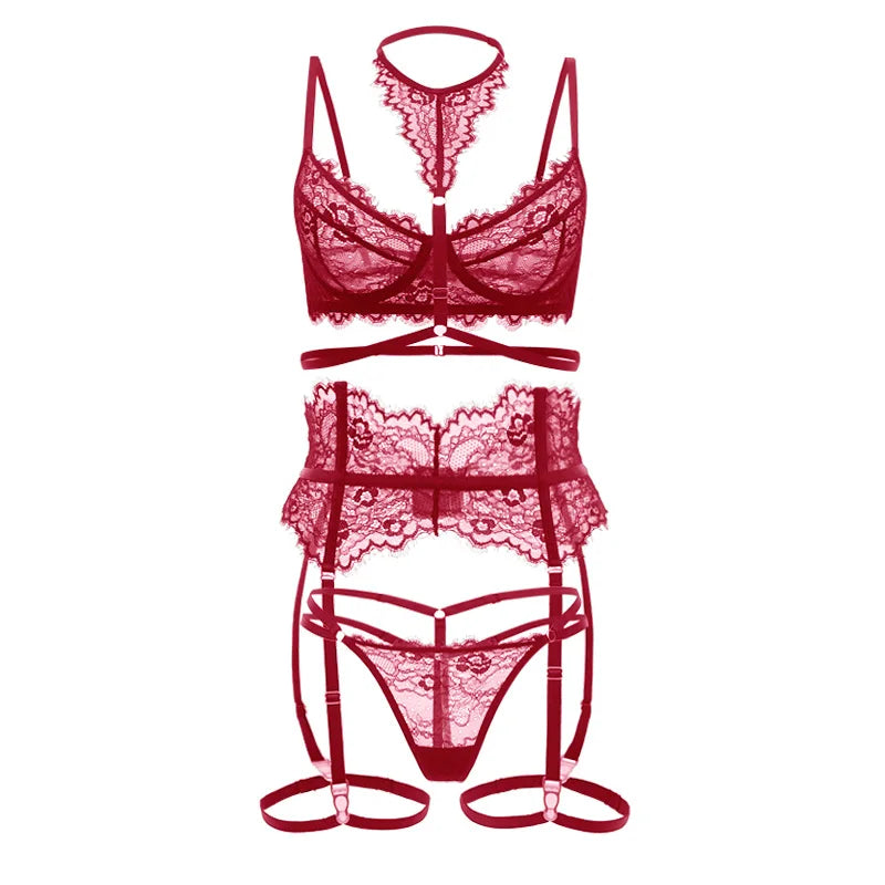 Ultra-thin red lingerie sponge-free underwired three pieces bra and briefs garter Set