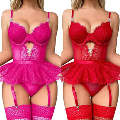 Underwire Bra Lingerie Women's Mesh Steel Ring Bra Lace Garter Belt Thong Sexy Set