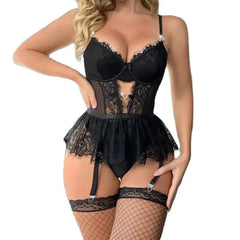 Underwire Bra Lingerie Women's Mesh Steel Ring Bra Lace Garter Belt Thong Sexy Set