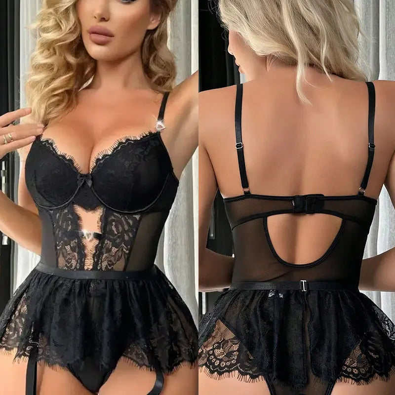 V-neck Sexy Lace Strap Jumpsuit Skinny See-through