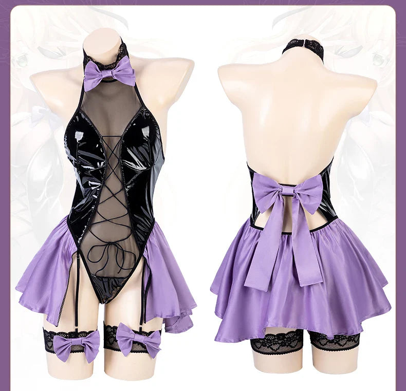Wetlook PU Leather Bodysuit Women Sexy Lingerie Anime Cosplay Costumes Halter Neck Mesh Body Suit with Garter Set
