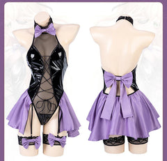 Wetlook PU Leather Bodysuit Women Sexy Lingerie Anime Cosplay Costumes Halter Neck Mesh Body Suit with Garter Set