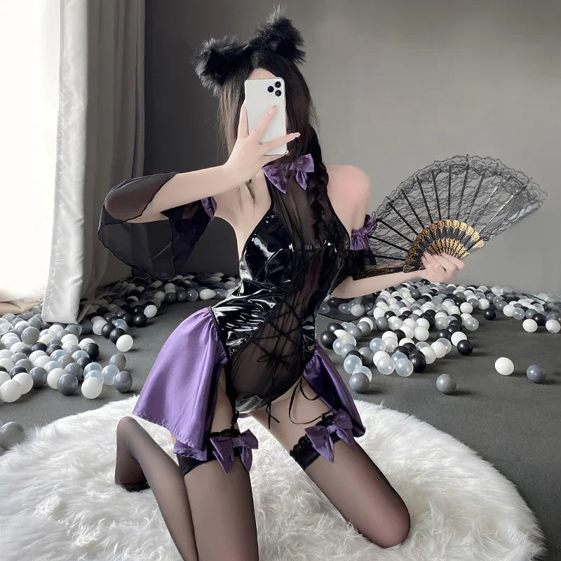 Wetlook PU Leather Bodysuit Women Sexy Lingerie Anime Cosplay Costumes Halter Neck Mesh Body Suit with Garter Set