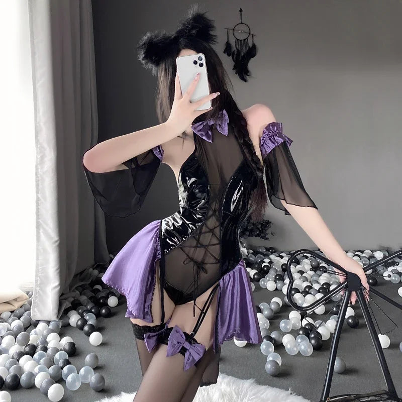 Wetlook PU Leather Bodysuit Women Sexy Lingerie Anime Cosplay Costumes Halter Neck Mesh Body Suit with Garter Set