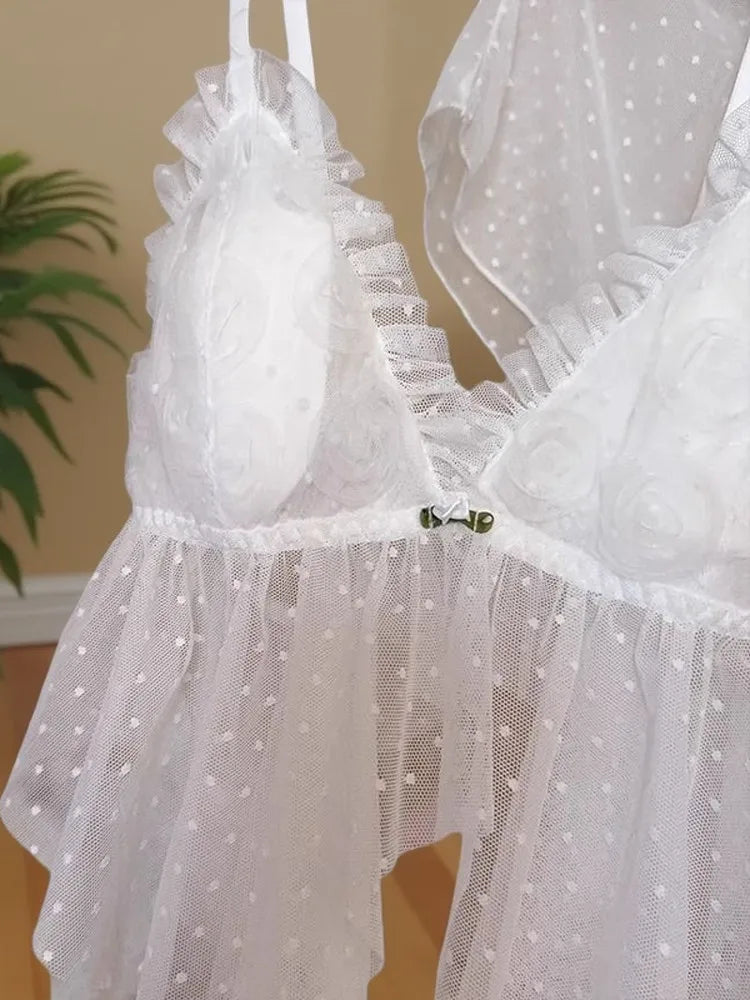 White fairy rose flowers sexy lingerie lace mesh pajamas home wear bra suit halter with corSet