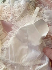 White fairy rose flowers sexy lingerie lace mesh pajamas home wear bra suit halter with corSet