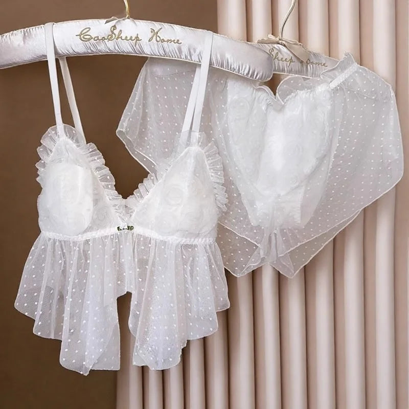 White fairy rose flowers sexy lingerie lace mesh pajamas home wear bra suit halter with corSet
