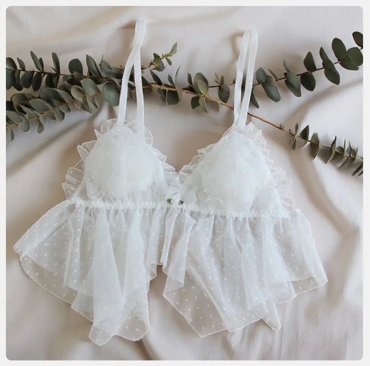 White fairy rose flowers sexy lingerie lace mesh pajamas home wear bra suit halter with corSet