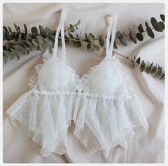 White fairy rose flowers sexy lingerie lace mesh pajamas home wear bra suit halter with corSet