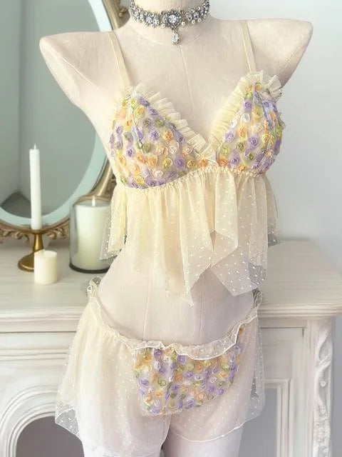 White fairy rose flowers sexy lingerie lace mesh pajamas home wear bra suit halter with corSet