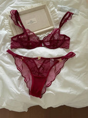 Wine red flowers embroidered sexy lingerie niche thin lace upturned bra suit Underwear