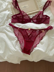 Wine red flowers embroidered sexy lingerie niche thin lace upturned bra suit Underwear