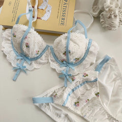 Winter embroidery cotton lingerie with underpants suit women large size soft steel ring bra Underwear