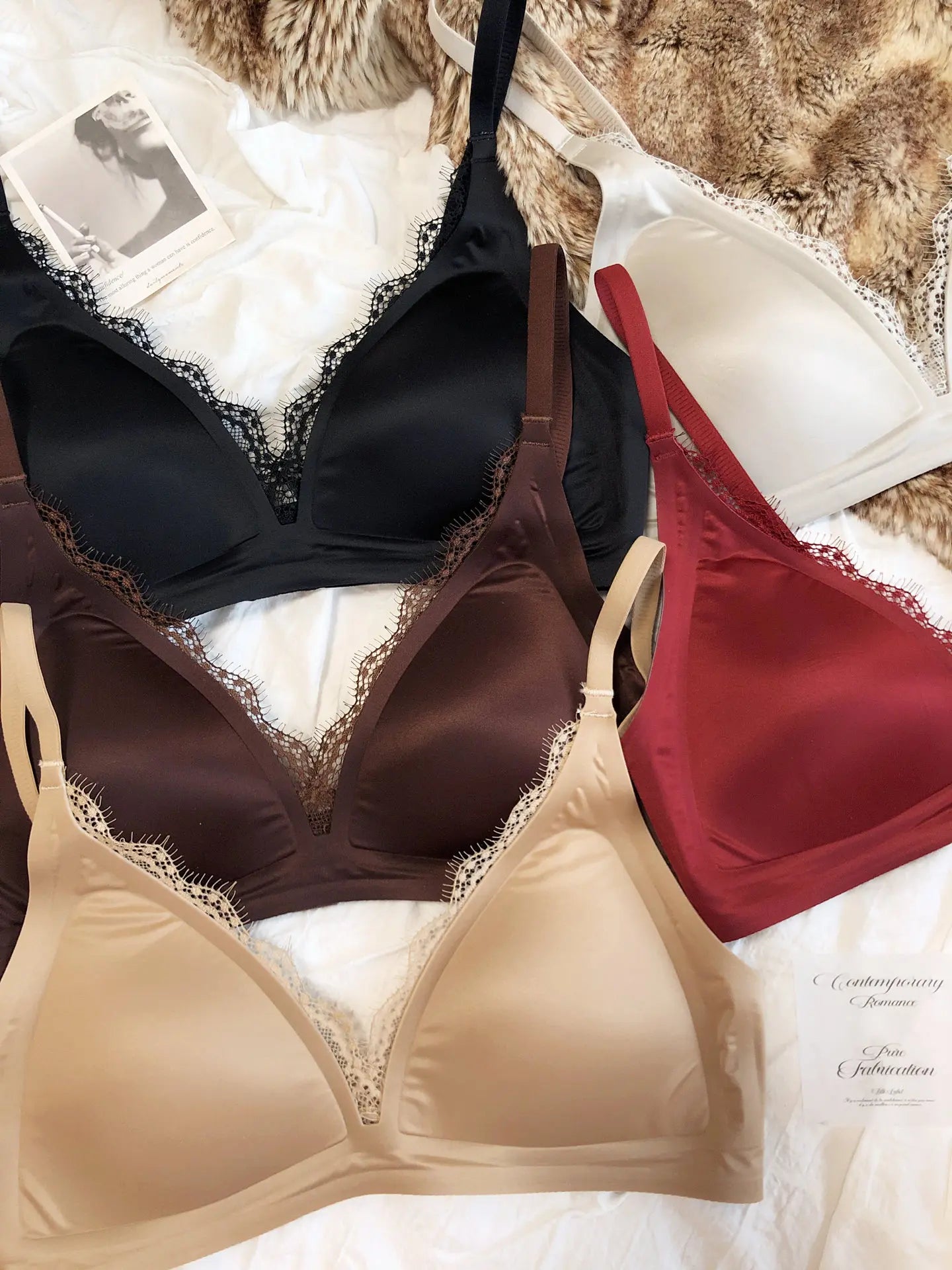 Women Seamless Lace Lingerie French Thin Cup Silk Satin Bra Sexy Deep V Push Up Bras Breathable Intimates Underwear