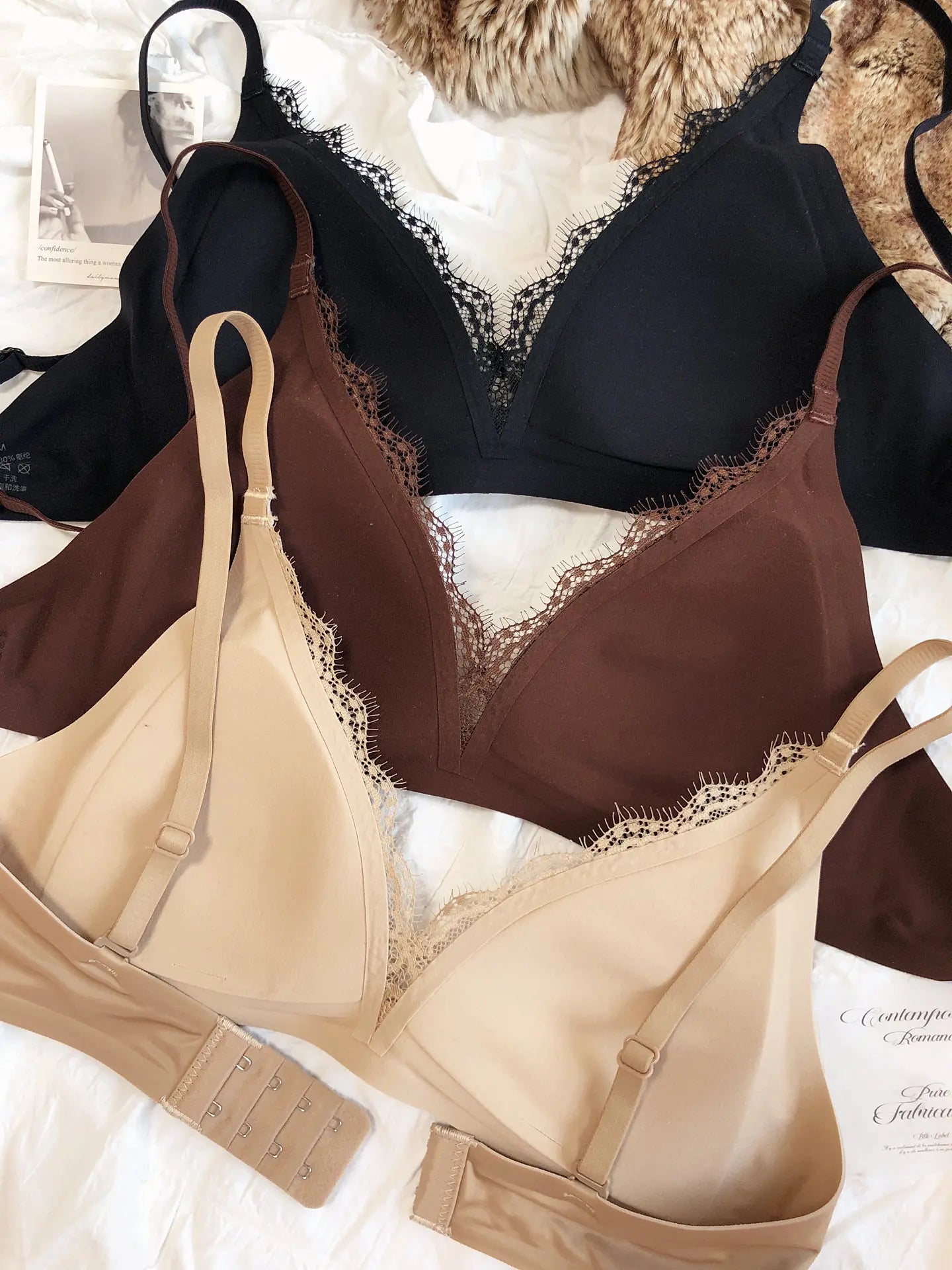 Women Seamless Lace Lingerie French Thin Cup Silk Satin Bra Sexy Deep V Push Up Bras Breathable Intimates Underwear