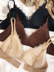 Women Seamless Lace Lingerie French Thin Cup Silk Satin Bra Sexy Deep V Push Up Bras Breathable Intimates Underwear