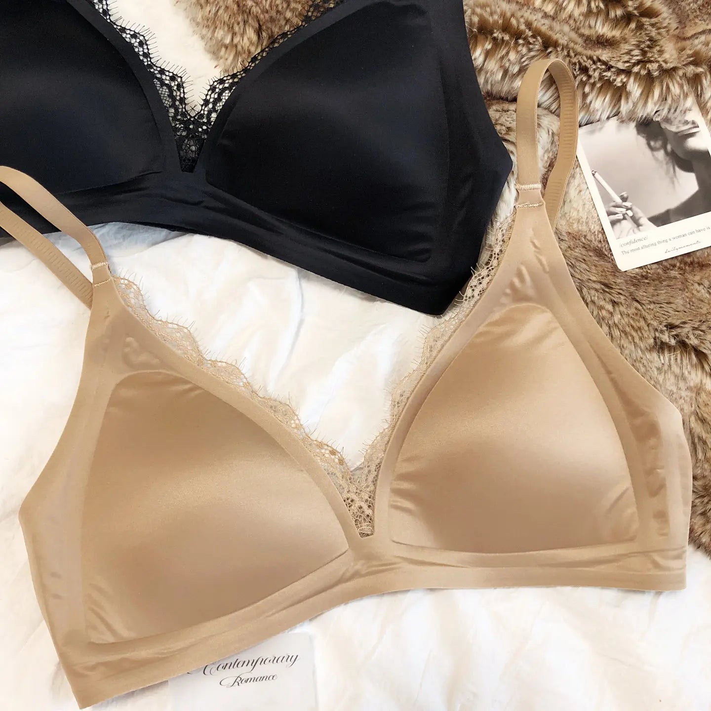 Women Seamless Lace Lingerie French Thin Cup Silk Satin Bra Sexy Deep V Push Up Bras Breathable Intimates Underwear