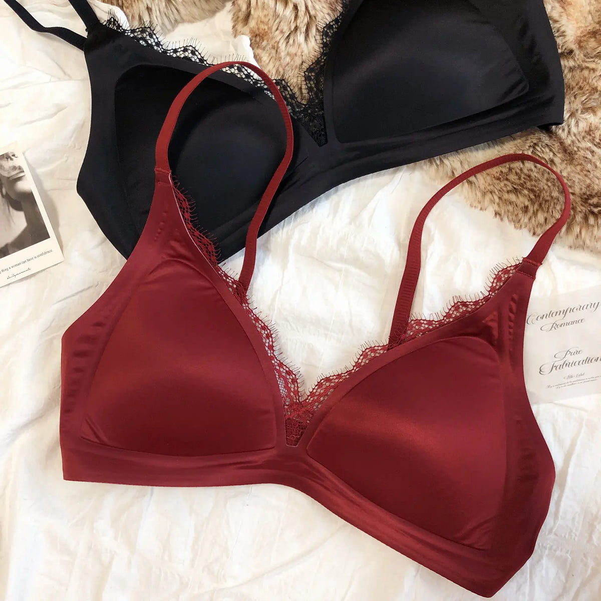 Women Seamless Lace Lingerie French Thin Cup Silk Satin Bra Sexy Deep V Push Up Bras Breathable Intimates Underwear