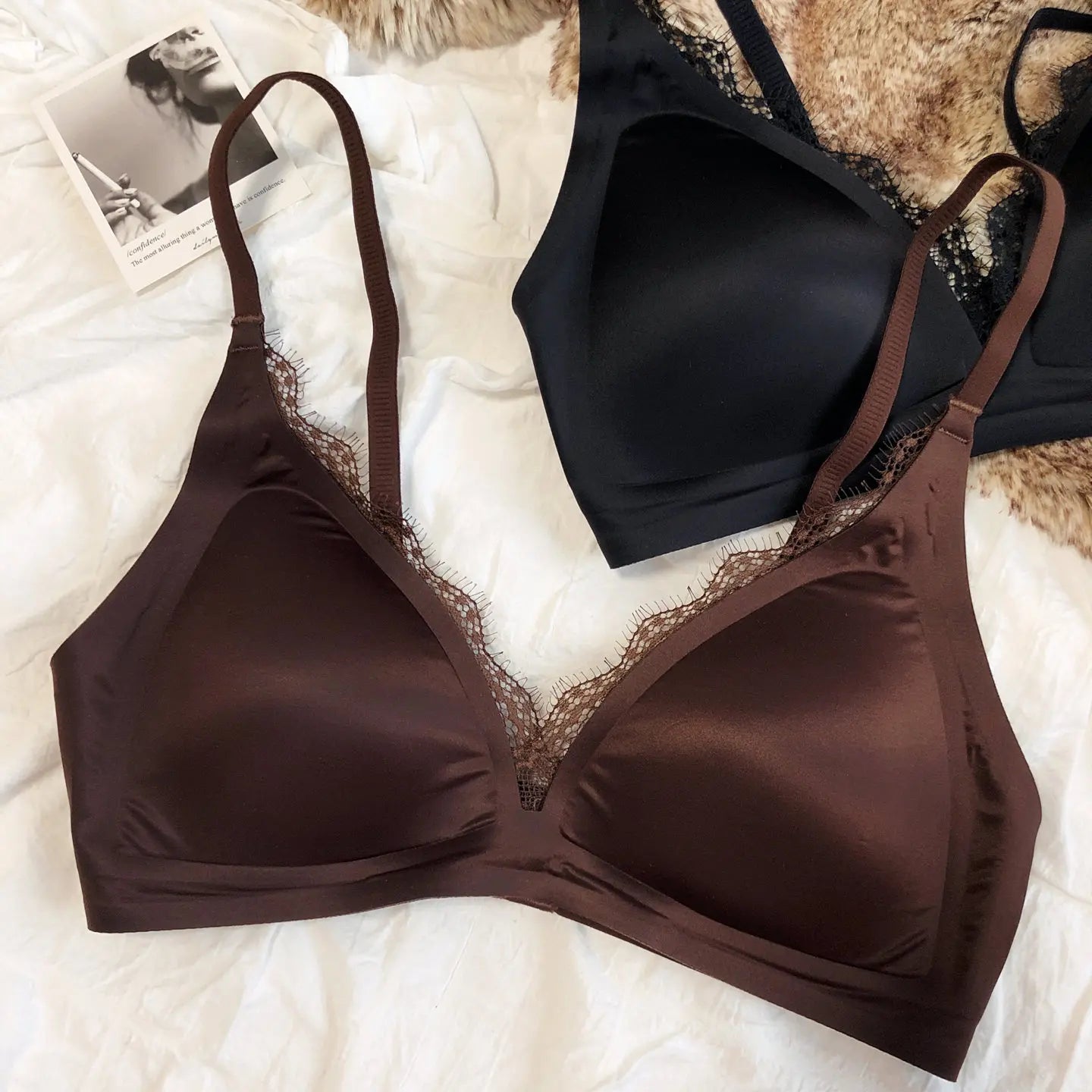 Women Seamless Lace Lingerie French Thin Cup Silk Satin Bra Sexy Deep V Push Up Bras Breathable Intimates Underwear