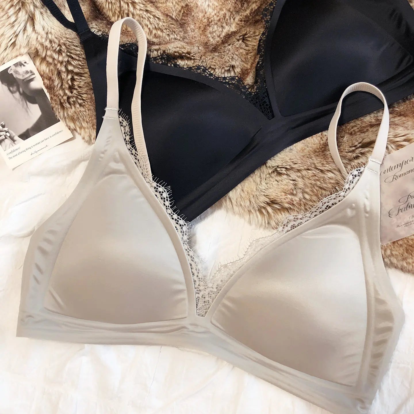 Women Seamless Lace Lingerie French Thin Cup Silk Satin Bra Sexy Deep V Push Up Bras Breathable Intimates Underwear