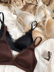 Women Seamless Lace Lingerie French Thin Cup Silk Satin Bra Sexy Deep V Push Up Bras Breathable Intimates Underwear