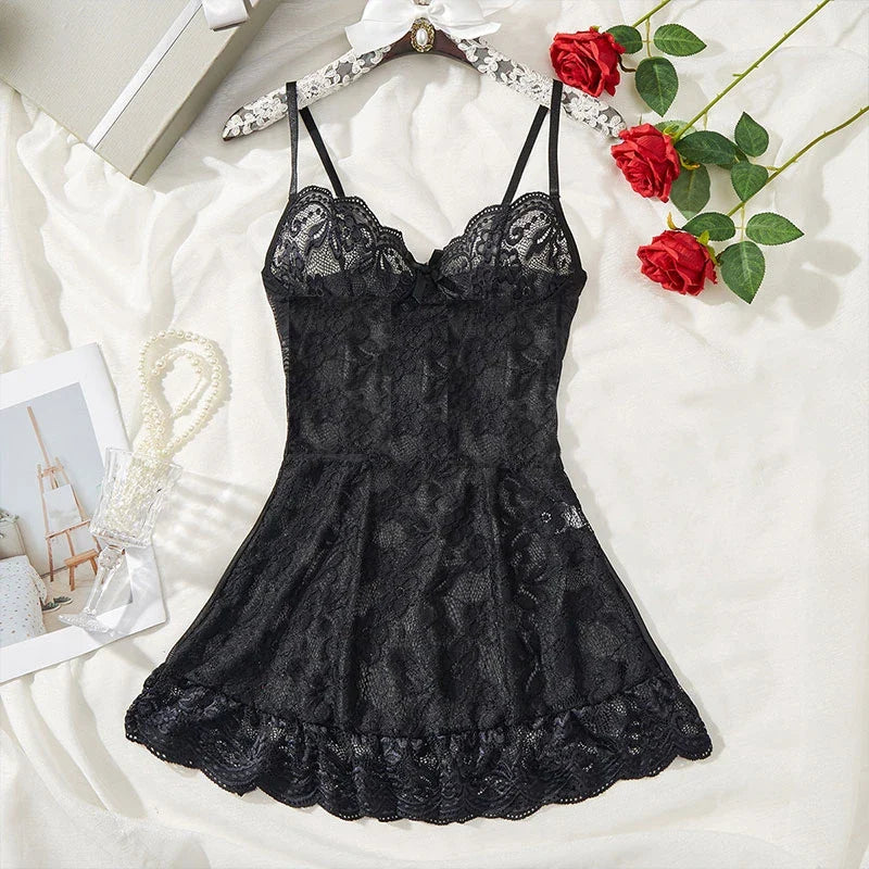 Women Sexy Lace Nightwear Suits Transparent Short Dress+Thongs Sheer Lace Erotic V-neck NightDress