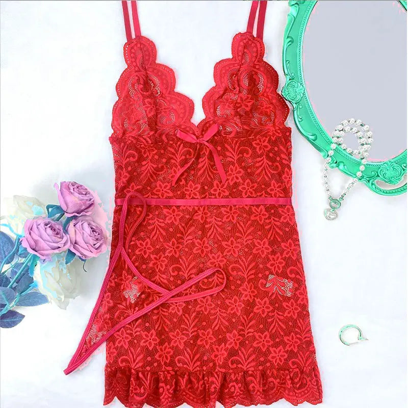 Women Sexy Lace Nightwear Suits Transparent Short Dress+Thongs Sheer Lace Erotic V-neck NightDress
