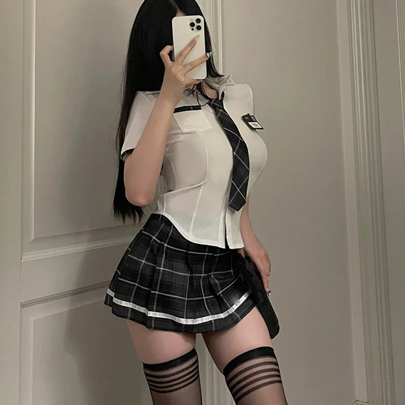 Slim Fit Schoolgirl Cosplay Outfit Student JK Uniform Shirt with Plaid Pleated Skirt Panties Set