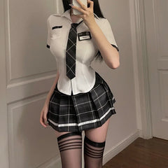Slim Fit Schoolgirl Cosplay Outfit Student JK Uniform Shirt with Plaid Pleated Skirt Panties Set