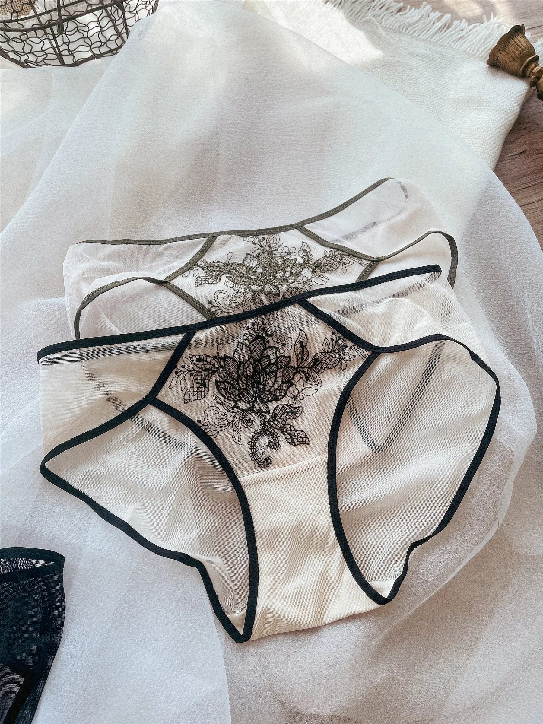 Women's French Style Light Luxury Embroidered Mesh Panties | Sexy Transparent Low-Rise Briefs