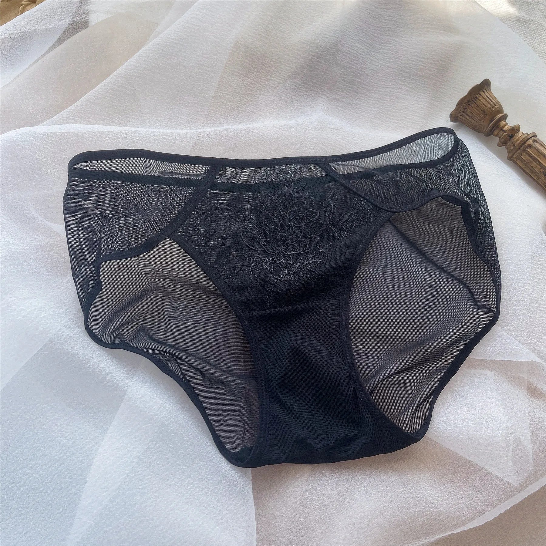Women's French Style Light Luxury Embroidered Mesh Panties | Sexy Transparent Low-Rise Briefs