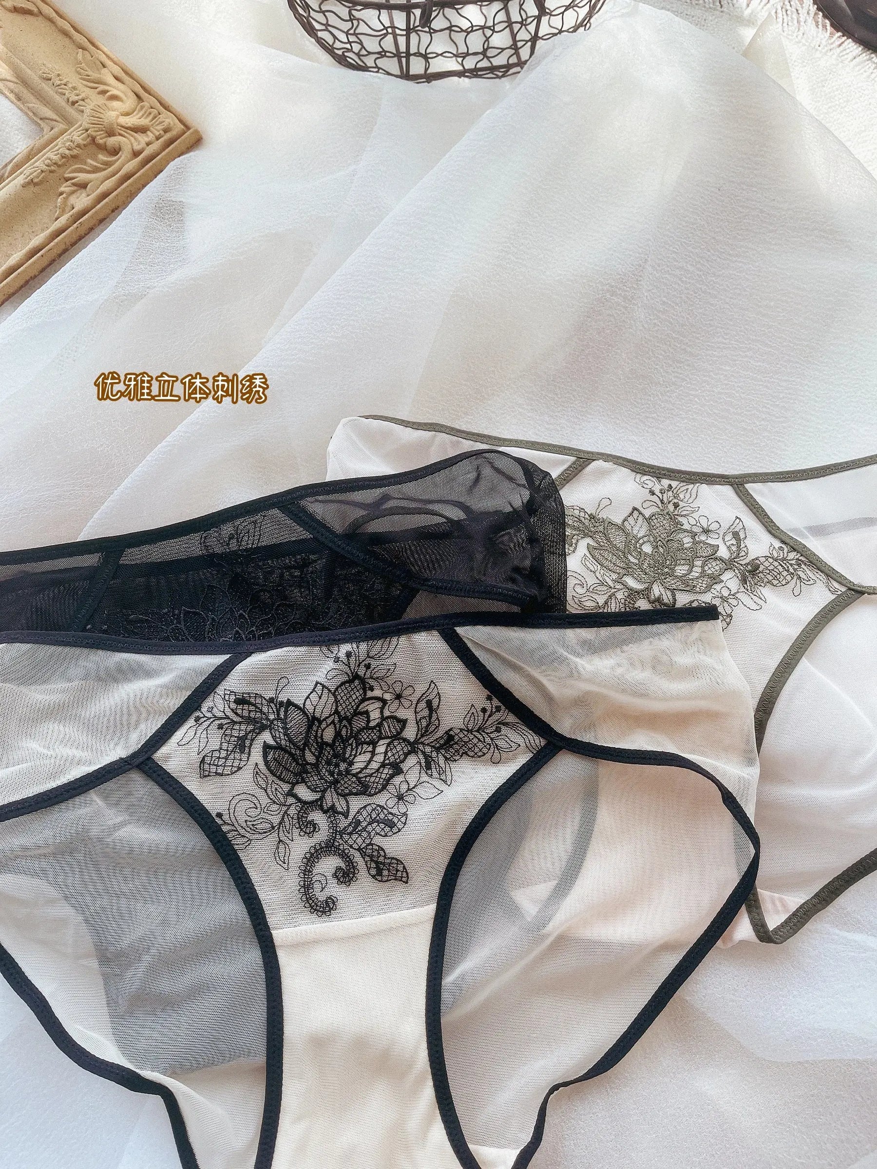 Women's French Style Light Luxury Embroidered Mesh Panties | Sexy Transparent Low-Rise Briefs