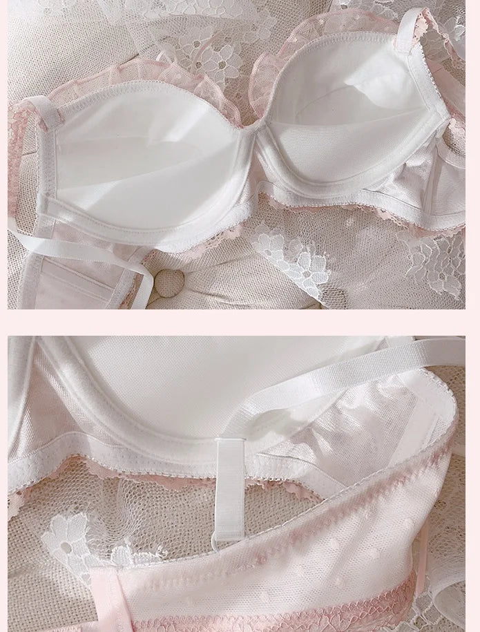 Women solid color embroidery lace lingerie and panties Set
