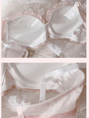 Women solid color embroidery lace lingerie and panties Set