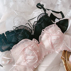 Women solid color embroidery lace lingerie and panties Set