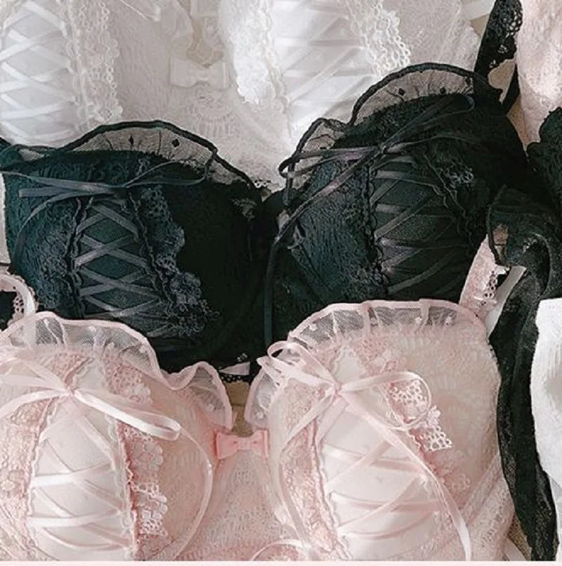 Women solid color embroidery lace lingerie and panties Set