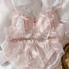 Women solid color embroidery lace lingerie and panties Set