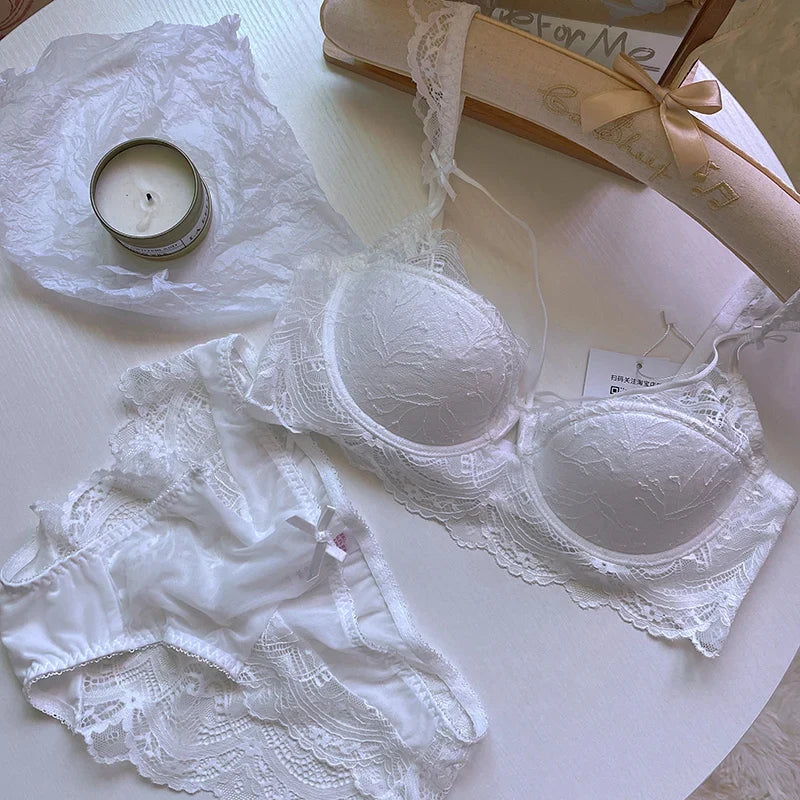 Wriufred Lace ultra-thin big breasts bra with panties sexy push up lingerie anti-sagging gathered Underwear