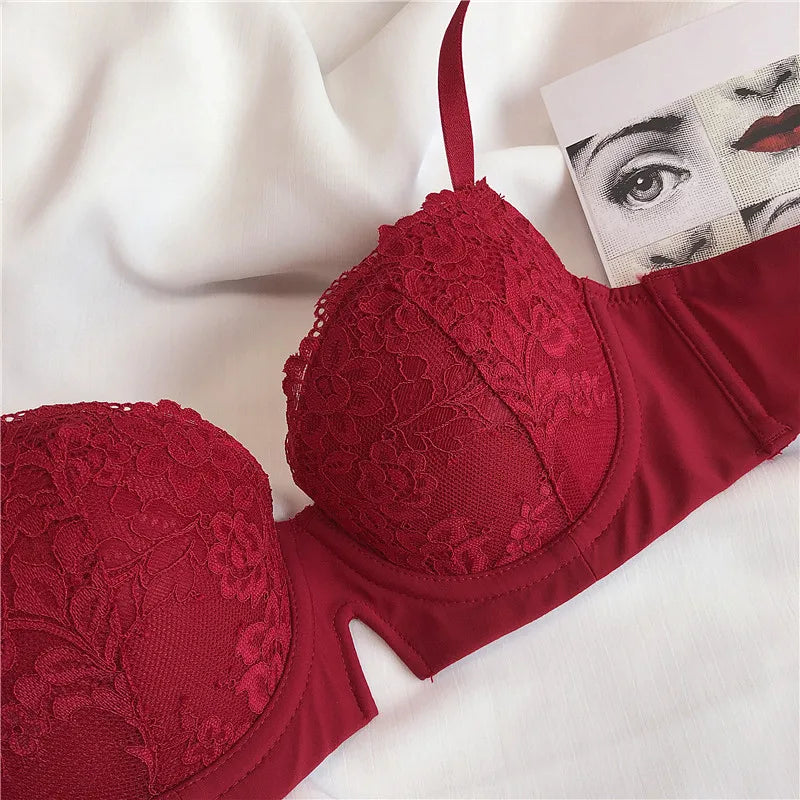 Wriufred Lace underwire gathered sexy bra Set