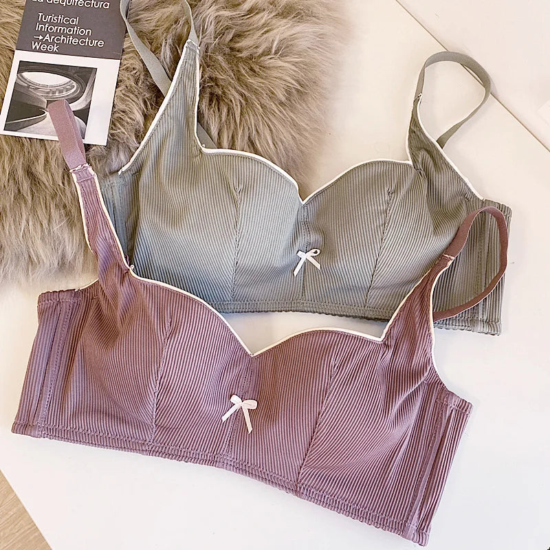 Wriufred One-line neck ribbed thin section bralette underwire push uo crystal cup bra Set