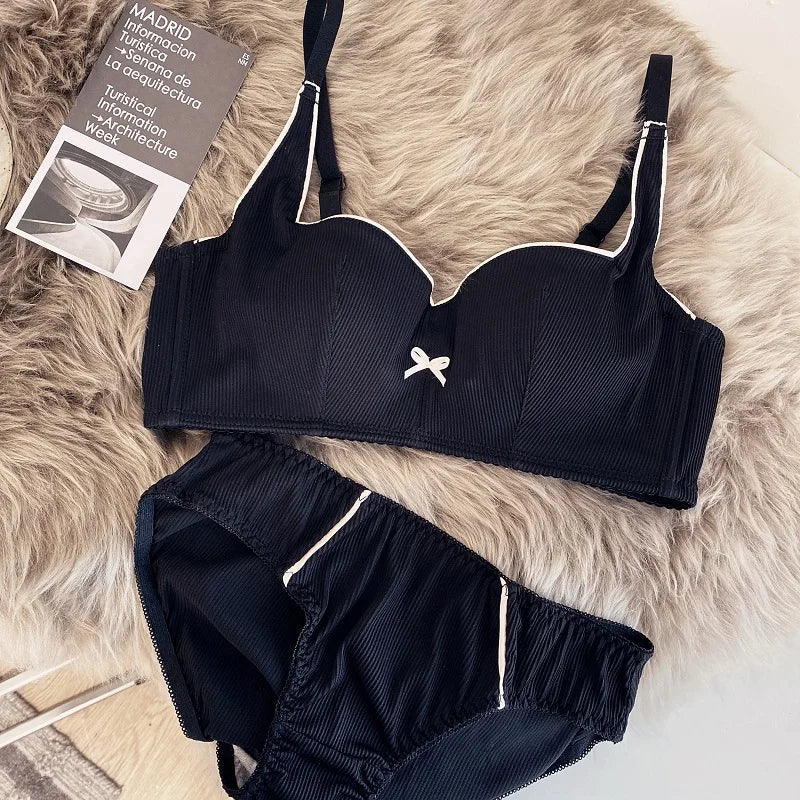 Wriufred One-line neck ribbed thin section bralette underwire push uo crystal cup bra Set